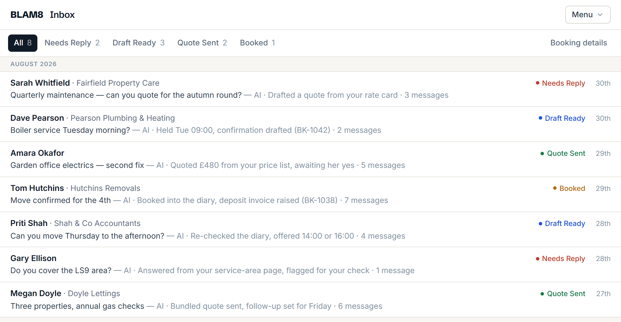 The BLAM8 inbox: customer emails answered, quoted and booked by the agent, each row showing what the AI did